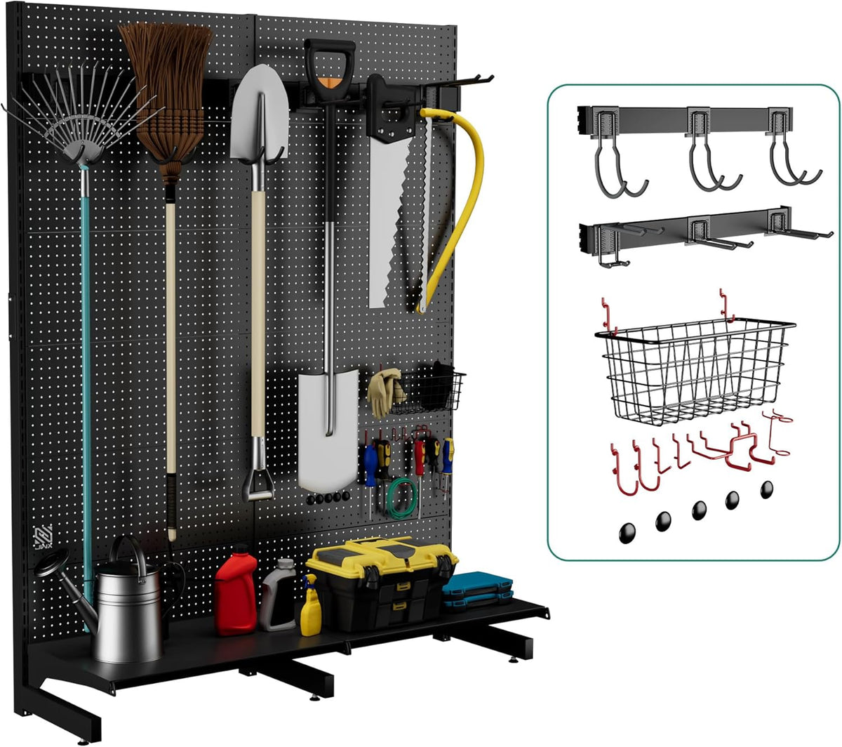 JWX Garage Pegboard Tool Organizer Free Standing, Organizer Storage Rack with 21 Pegboard Storage Set Max 300 lbs Super Heavy Duty Garden Tool Hanger Rack for Ski Gears, Broom, Shovel Yard Tools