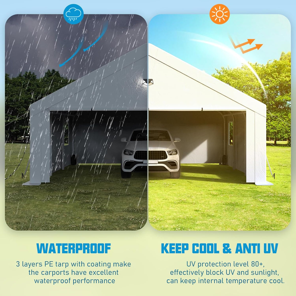 20x20 Carport, Heavy Duty Carport Canopy Garage with Removable Sidewalls and Drive Through Roll Up Zipper Doors, White