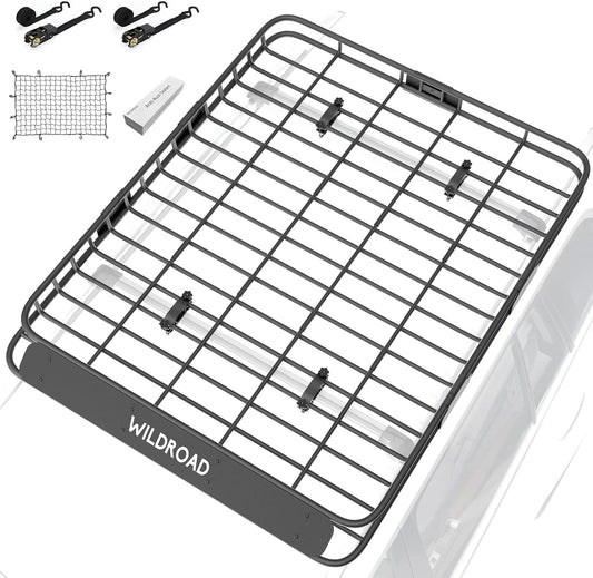 Wildroad Roof Rack Cargo Basket, Upgraded 4” Fence Wide Car Roof Basket, 64"x 50"x 4" Universal Car Top Carrier Basket with Super Duty Bungee Cargo Net and Ratchet Straps Fits for SUV Truck Cars