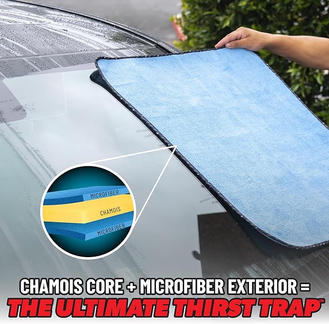 Chemical Guys Thirst Trap Microfiber Chamois Towel, Safe for Cars, Trucks, SUVs, RVs, Motorcycles, & More, 24"x28" (Blue) 2 Pack