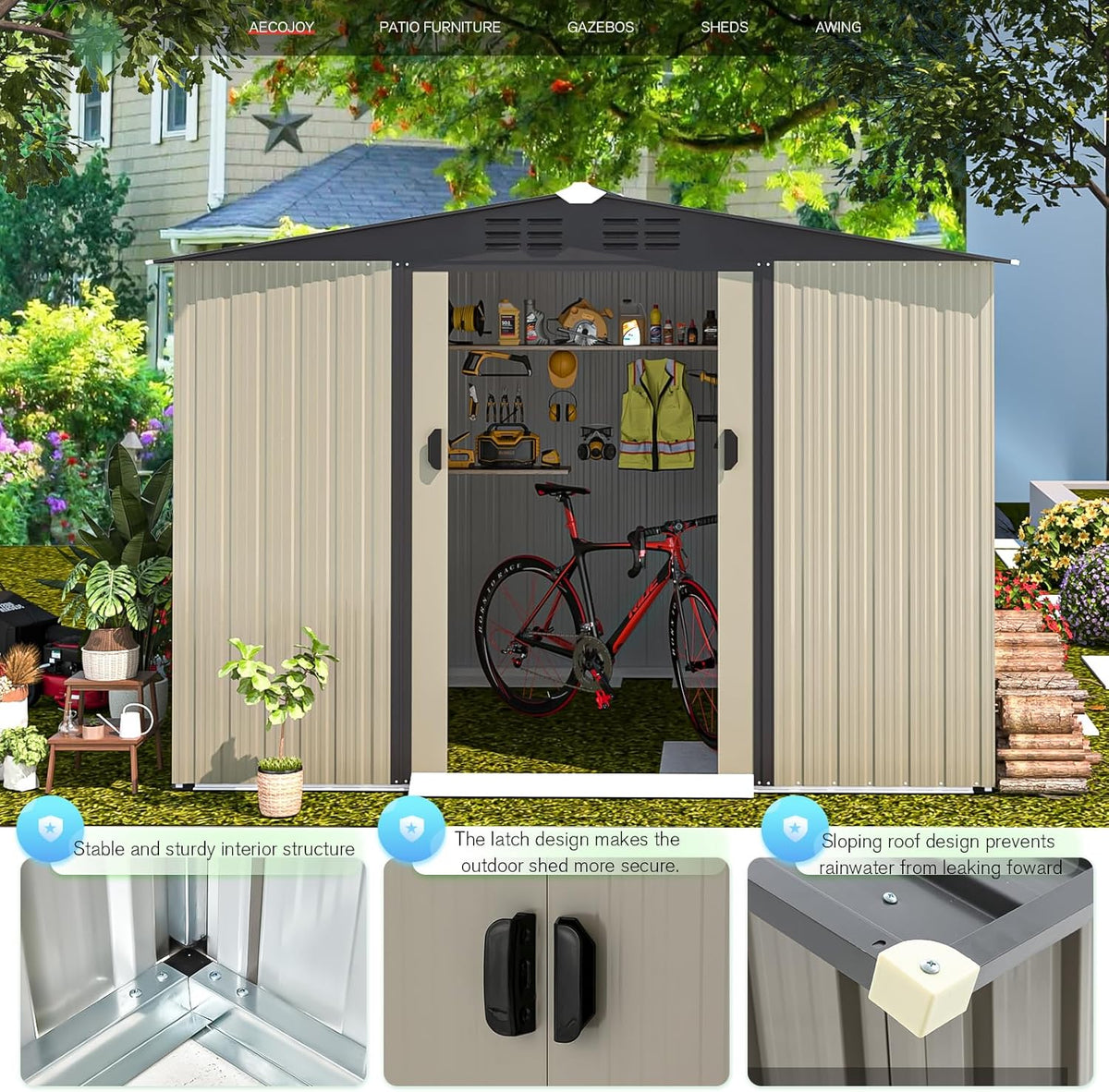 AECOJOY 8 x 6 Ft Shed, Outdoor Storage Tool Shed (Sliding Door), Metal Garden Shed for Yard, Outdoor Storage Clearance in Grey