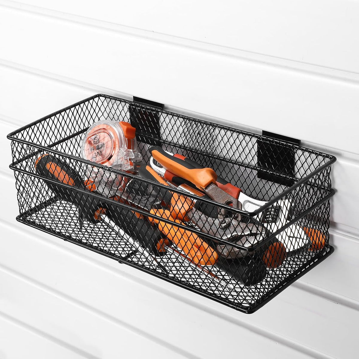 Barydat 4 Pcs Slatwall Basket Set Ventilated Metal Slatwall Basket Hanging Wire Bins Wall Mounted Accessories for Panel Garage Storage Display Organizing(Big Size,Black)