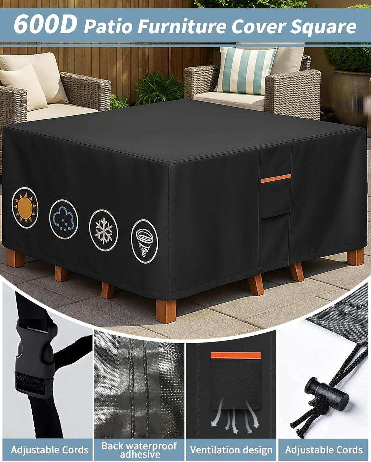 Outdoor Waterproof Furniture Cover, 86W x 86L x 28H inches Heavy Duty 600D Square Table and Chair Set Protection, Black