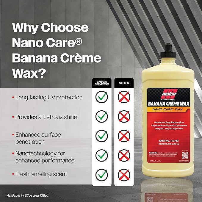 Malco Nano Care Banana Creme Wax - Deep Gloss Shine and Long-Lasting UV Protection/For Automotive, Marine and Industrial Finishes / 32 oz. (197732)