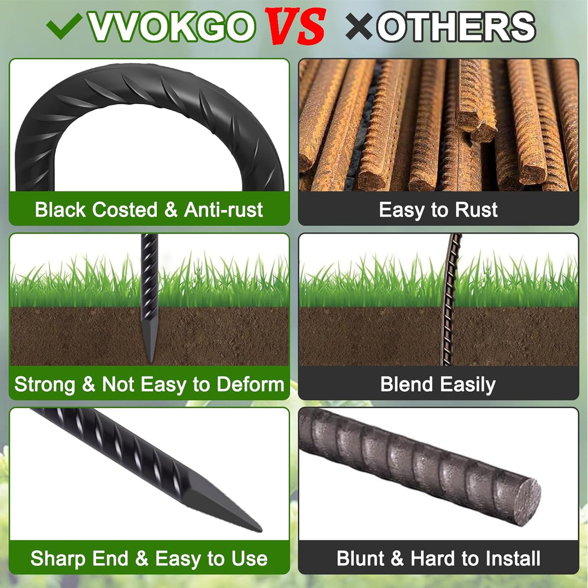 VVOKGO Rebar Stakes 12 Inches J Hook Heavy Duty Chain Link Fence Stakes, 32 Pcs Metal Long Tent Spikes Ground Anchors for Wire Fencing, Dogs Digging, Camping Tents, Swings, Greenhouse, Black