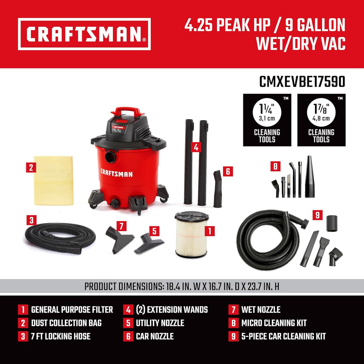 CRAFTSMAN CMXEVBE17590 9 Gallon 4.25 Peak HP Wet Dry Vac, Portable Shop Vacuum Wet and Dry with Filter, Dust Bag, Hose, Car Cleaning Kit and Micro Cleaning Kit for Home and Garage Cleaning