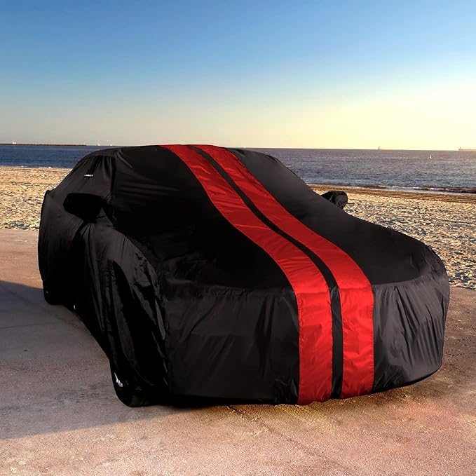 iCarCover Custom Car Cover Compatible with Mustang 2005-2025, Waterproof All Weather Rain Snow UV Sun Protector Full Exterior Indoor Outdoor Car Covers, Stripe (Black/Red)