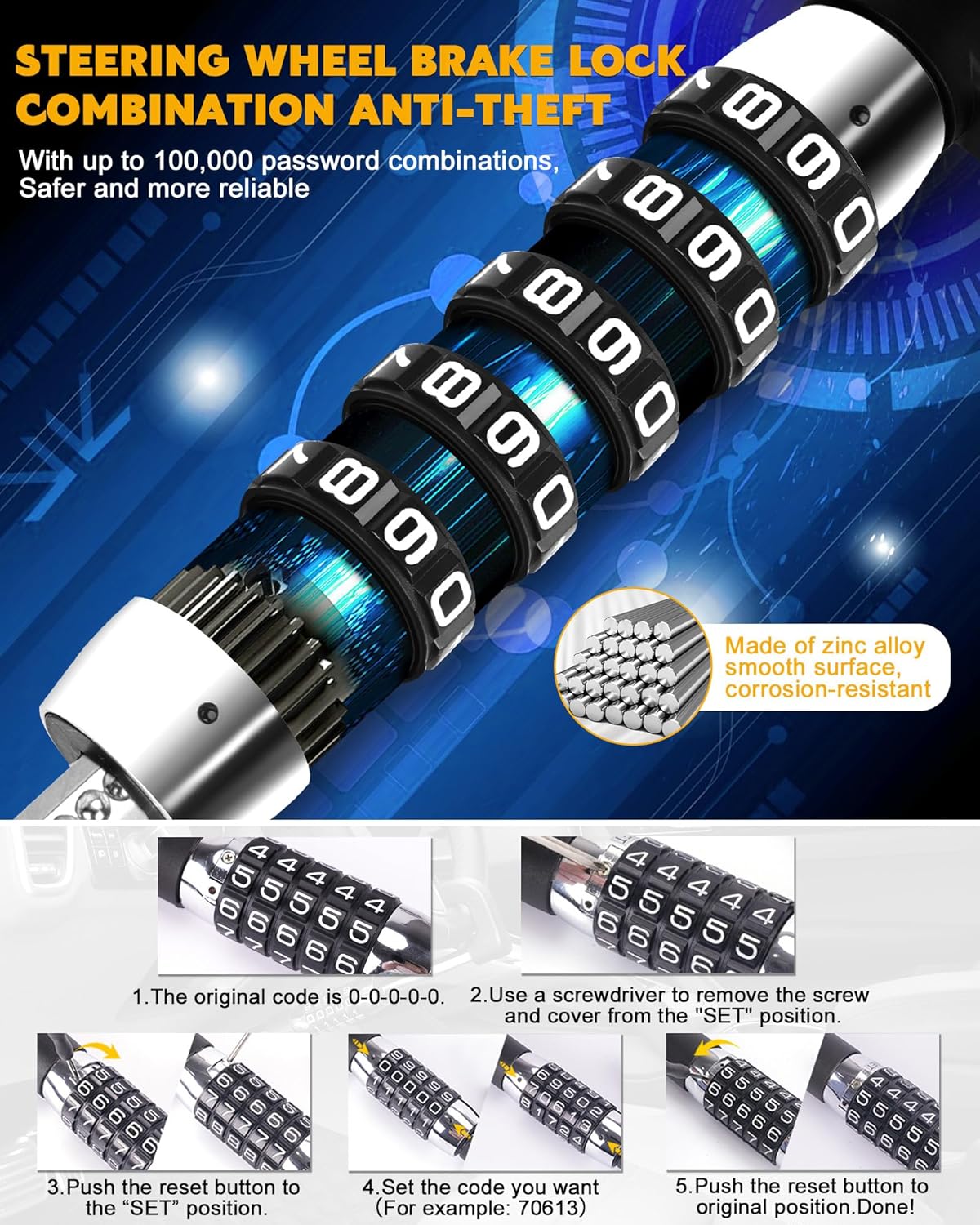 Tevlaphee Steering Wheel Lock Anti Theft Device Retractable Brake Pedal Lock Keyless Password 5 Coded Combination Anti Theft Car Security Device Heavy Duty Universal Fit for Vehicle Car Truck Van SUV