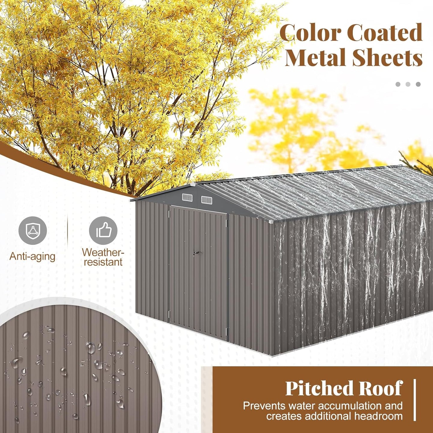 Goplus 10 x 14 FT Outdoor Storage Shed, Large Garden Tool House w/Improved Windproof Metal Structure, 4 Vents, Lockable Door, Waterproof Utility Tool Organizer for Backyard, Lawn, Patio