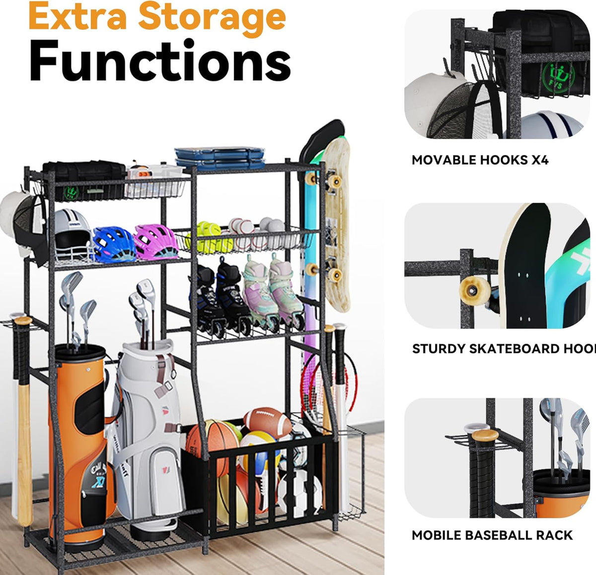HOMREST Sports Equipment Storage,2 Golf Bag Storage Stand, Ball Holder, Garage Sports Organizer with Basket and Hooks, Sports Ball Storage for Toy Sports Gear Storage, Black