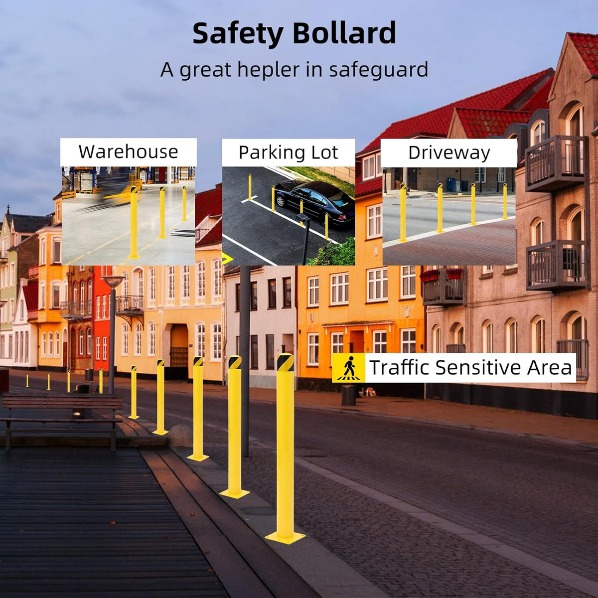 Safety Bollard 4 Packs, 48 Inch Height Steel Bollard Post for Parking Lot, 4.5 Inch Diameter Pipe, Yellow Safety Bollard Post with 8 Anchor Bolts, Ideal for Traffic-Sensitive Areas, Driveway Barrier