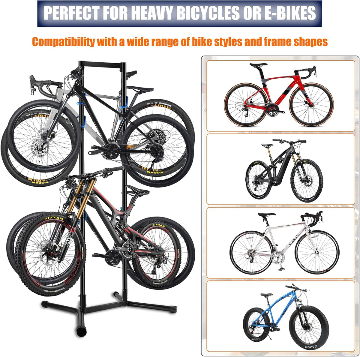 Stand Bike Storage Rack Garage Max 240lbs, Freestanding Gravity Indoor Bike Rack Holds 4 Bikes with Adjustable Arms, Vertical Bike Stand Space Saving for MTB, Road Bike