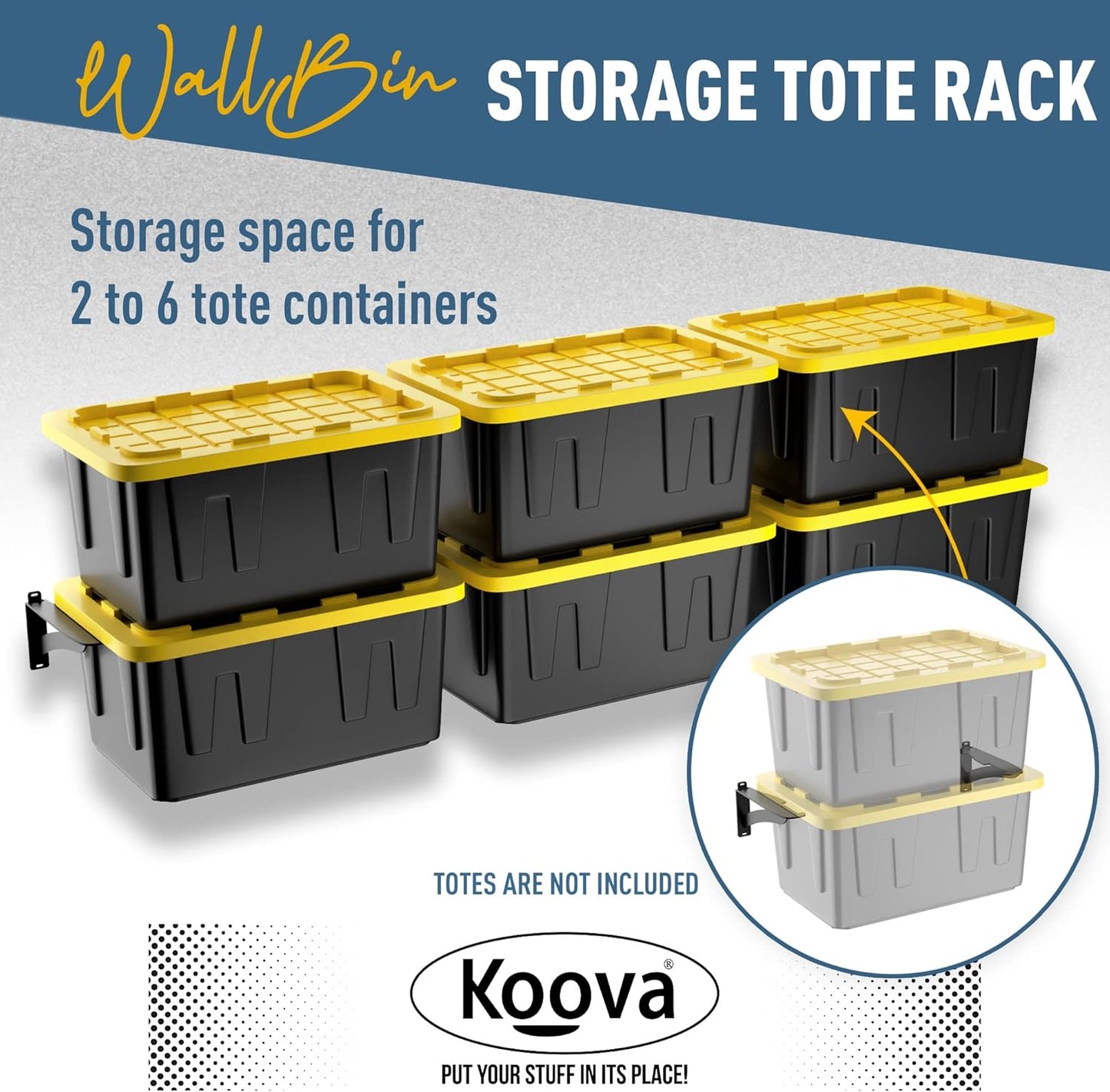 Koova Wall Mounted Tote Rack Storage System, Fits 27-Gallon Black and Yellow Commander Style Bins, Wall Mount Bracket Shelves for Garage Organization, Heavy Duty Steel, Made in USA (2-Piece Set)