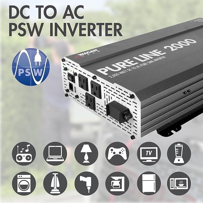 Wagan EL3808 Pure Line Power Inverter 2000 Watt DC 12V to 110V AC Car Pure Sine Wave Power Inverter for Home RV Camping Van Life Off Grid ETL Certified