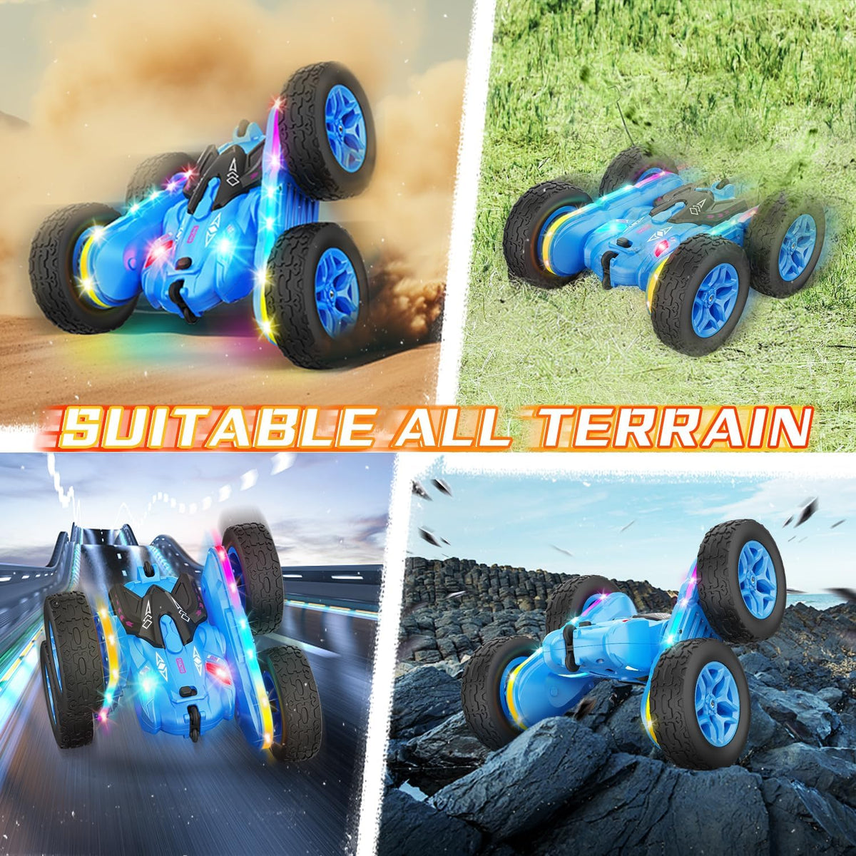 Remote Control Car, Rc Cars Stunt Kids Toys New Upgraded Strip Lights and Headlights Double-Sided 360° Rotating 4WD Drift Truck for Boys Girls Birthday Gift (Blue)