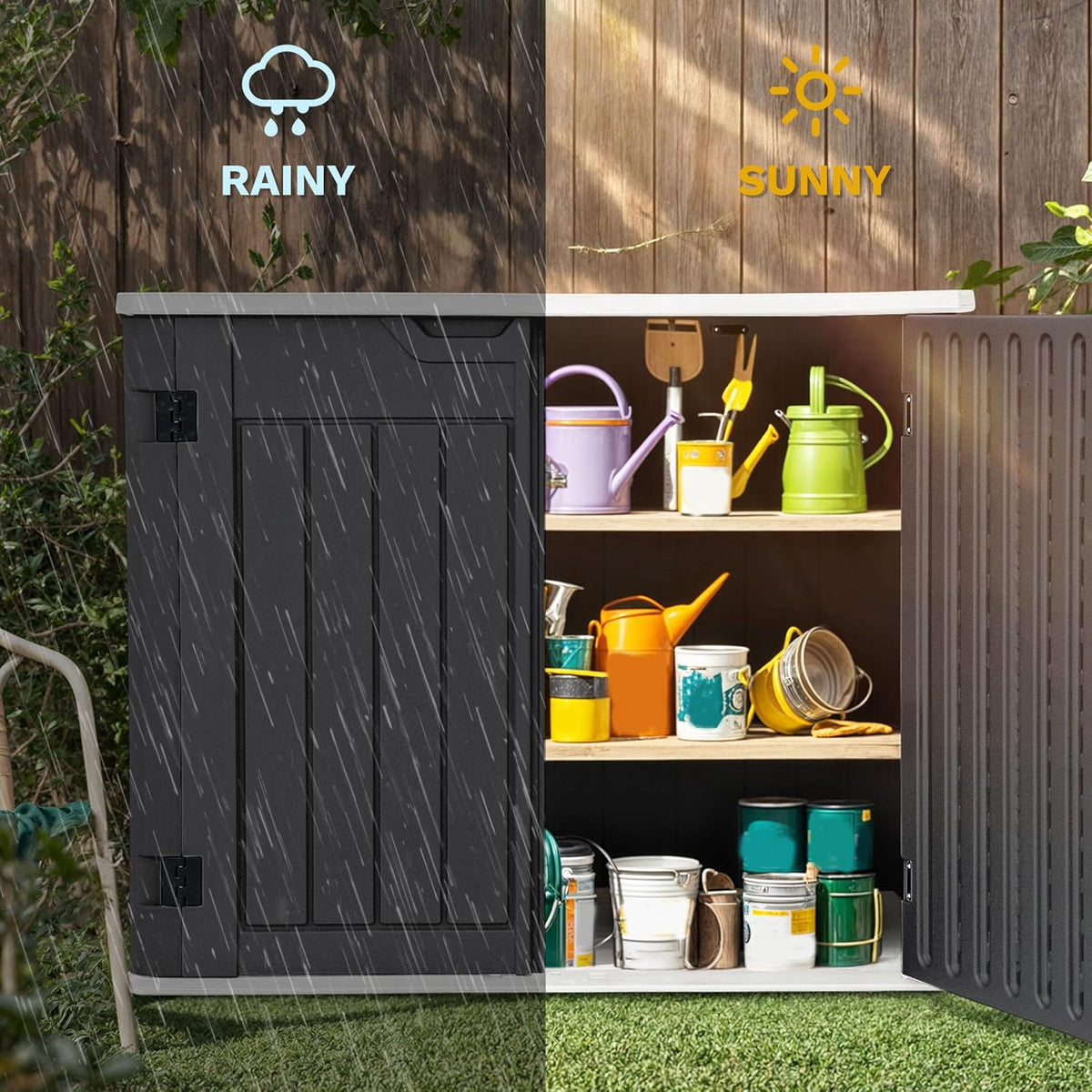 DWVO 47 cu ft Spacious Horizontal Storage Unit, Outdoor Resin Tool Locker Without Shelf, Waterproof Lockable Container with Base for Gardening, Waste Bins, Grass Cutter, 4.5x2.8x3.9 ft, Dark Gray