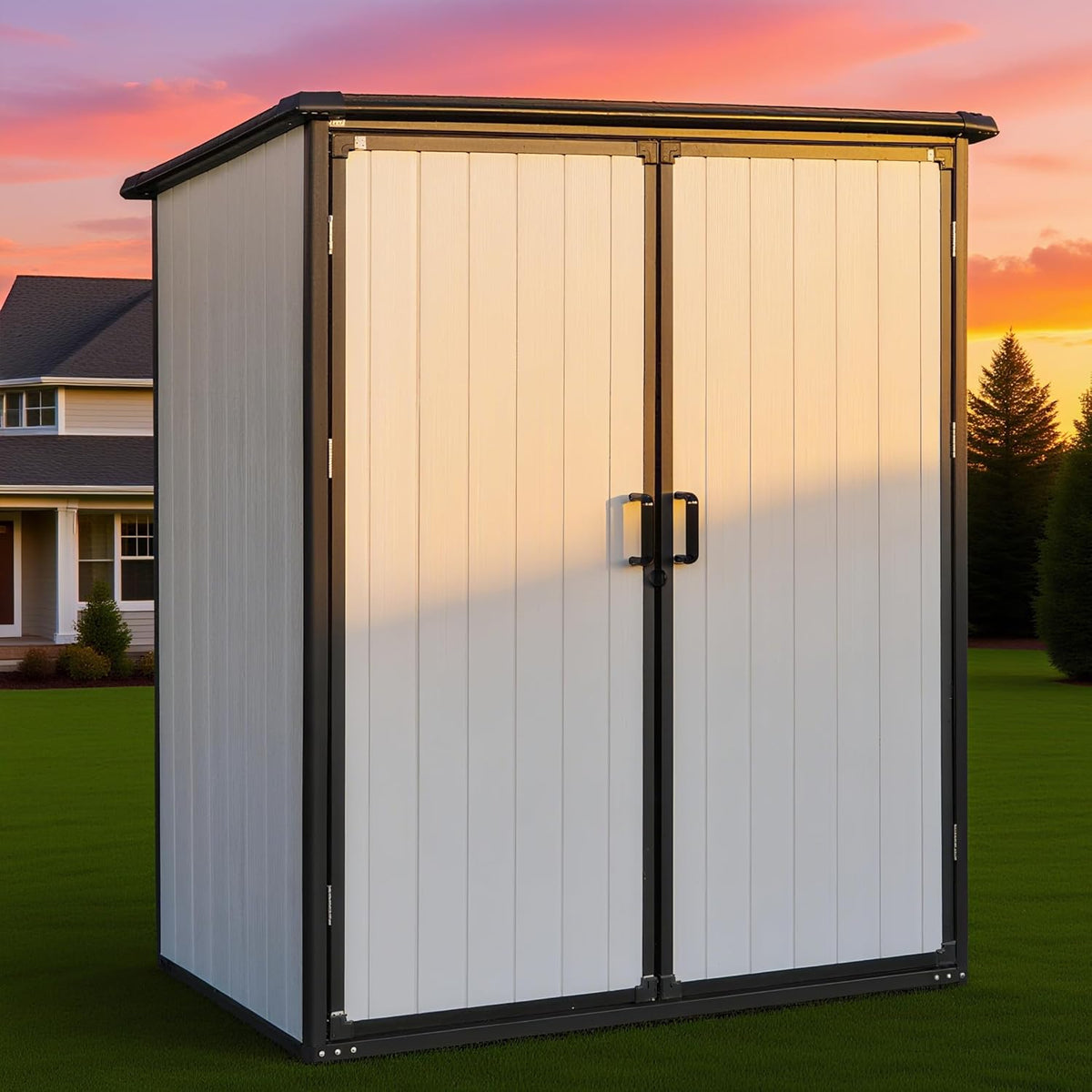 5x3 FT Resin Outdoor Storage Shed with Floor, Waterproof Resin Cabinet with Lockable Doors, Plastic Tool Shed for Patio Furniture, Bikes, Accessories,White+Black