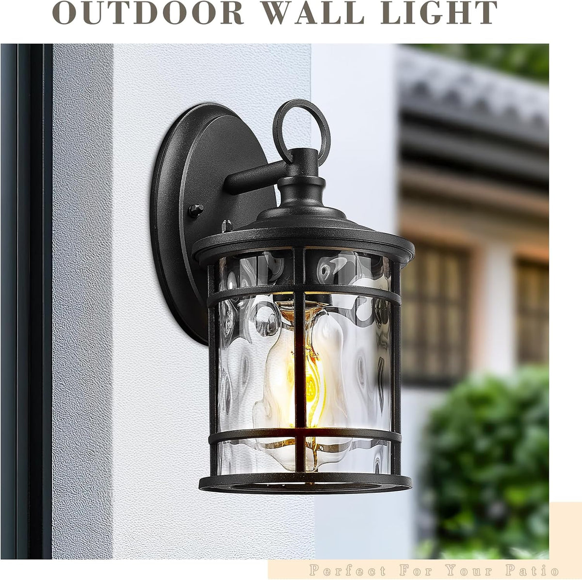 Emliviar 2 Pack Exterior Wall Sconce Light, Anti-Rust Outdoor Lanterns Wall Lamps, Farmhouse Patio Lightings with E26 Socket & Water Ripple Glass, Black Finish, XE229BS-2PK BK-WG