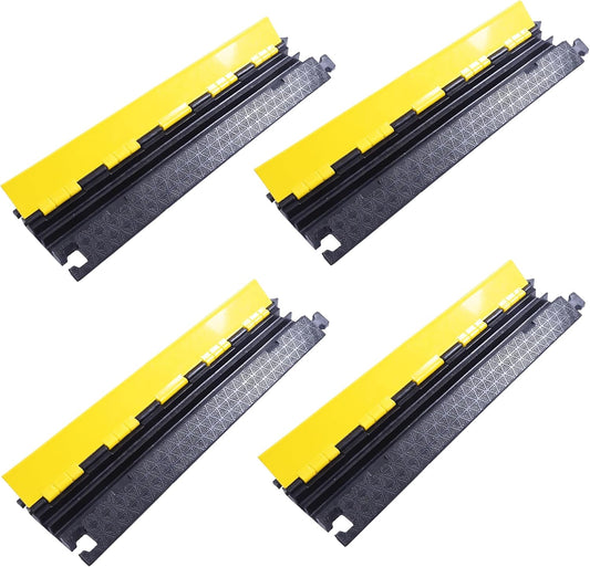 Heavy-Duty Rubber Cable Protector Ramp (4-Pack) - 2-Channel Floor Cord Cover for Driveway, Warehouse, Events - 22,000 lbs Load Capacity - Indoor & Outdoor Use - Cable Speed Bump for Hoses, Cables