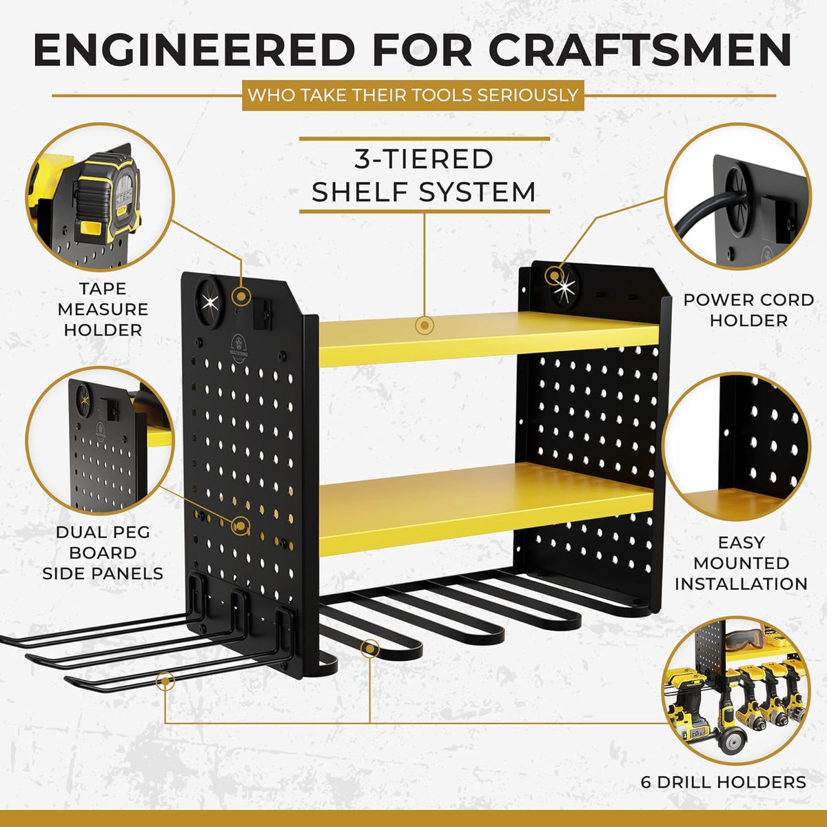 Power Tool Organizer - 6 Drill Holder Wall Mount, 3 Tier Heavy-Duty Hand Storage Rack, Utility Racks, 2 Pegboard Sides - Garage Cordless Organizer (Yellow)