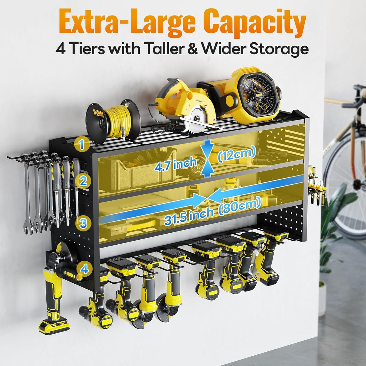 Tomorotec Wall-Mounted Power Tool Storage Rack for Drill, Toolbox & Accessories, Heavy-Duty Steel Organizer with Side Hooks and Adjustable Shelves, Easy Installation Garage & Workshop Storage (Black)