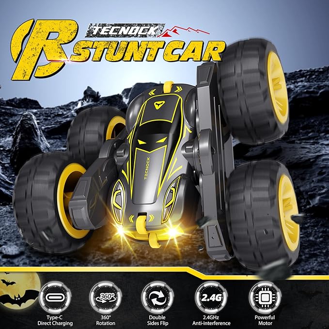 Tecnock Remote Control Car for Kids, 2.4GHz RC Cars with USB-C Easy Charging, 4WD Double Sided 360° Rotates and Flips RC Stunt Car, Toys Gift for Boys and Girls