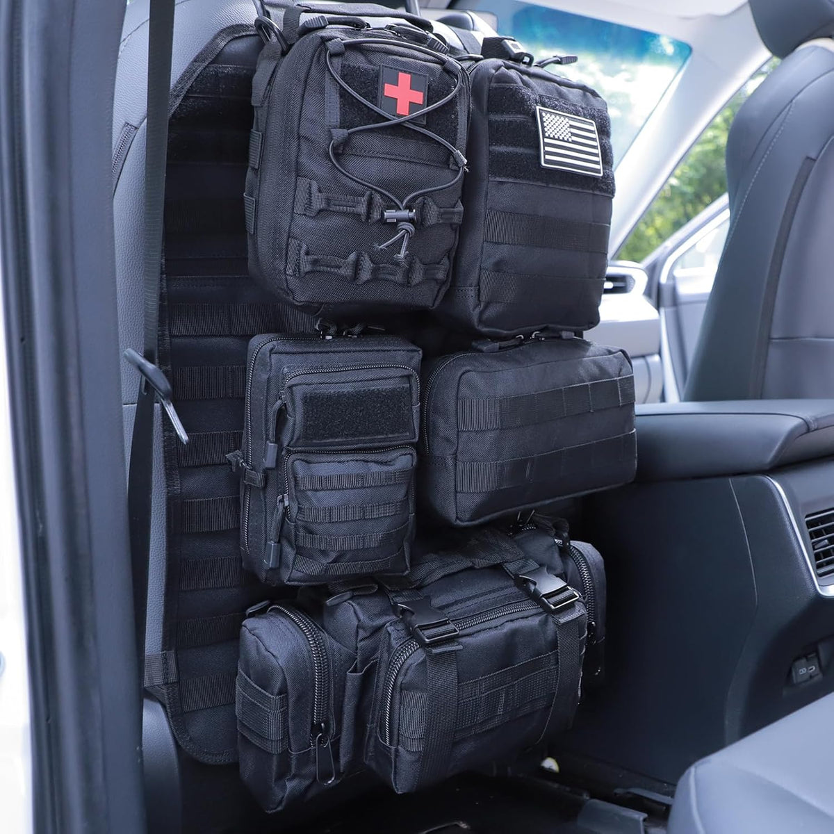 Universal Tactical Seat Back Organizer Vehicle Molle Panel Organizer Storage Bag with 5 Detachable Molle Pouch for All Vehicel Such as Jeep,Truck,SUV, Car, Ford,Chevy etc