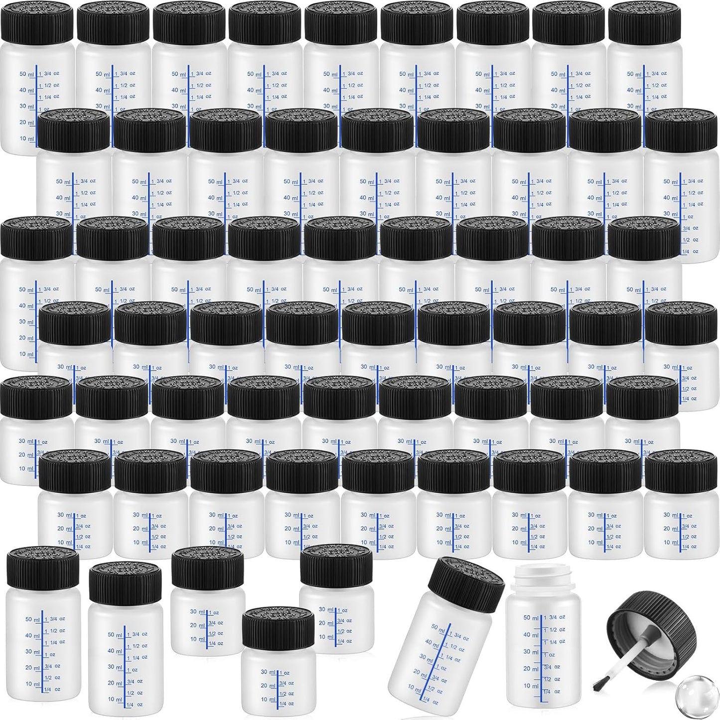 Maxcheck 120 Pcs Touch up Paint Bottles with Applicator Brush and Lids 2 oz and 1 oz Liquid Capacity Plastic Leftover Touch up Paint Container with Mixing Ball for Fixing Wall Stone Chip Car Surface