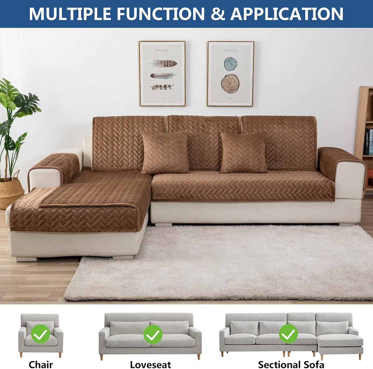 Eismodra Couch Cover,Sectional Couch Covers,Sofa Covers for 3 Cushion Couch,Anti-Slip Sofa Slipcovers for Dogs Cats Kids Loveseat Recliner L Shaped Armrest Backrest,Brown 43''x82''(Only 1 Piece)