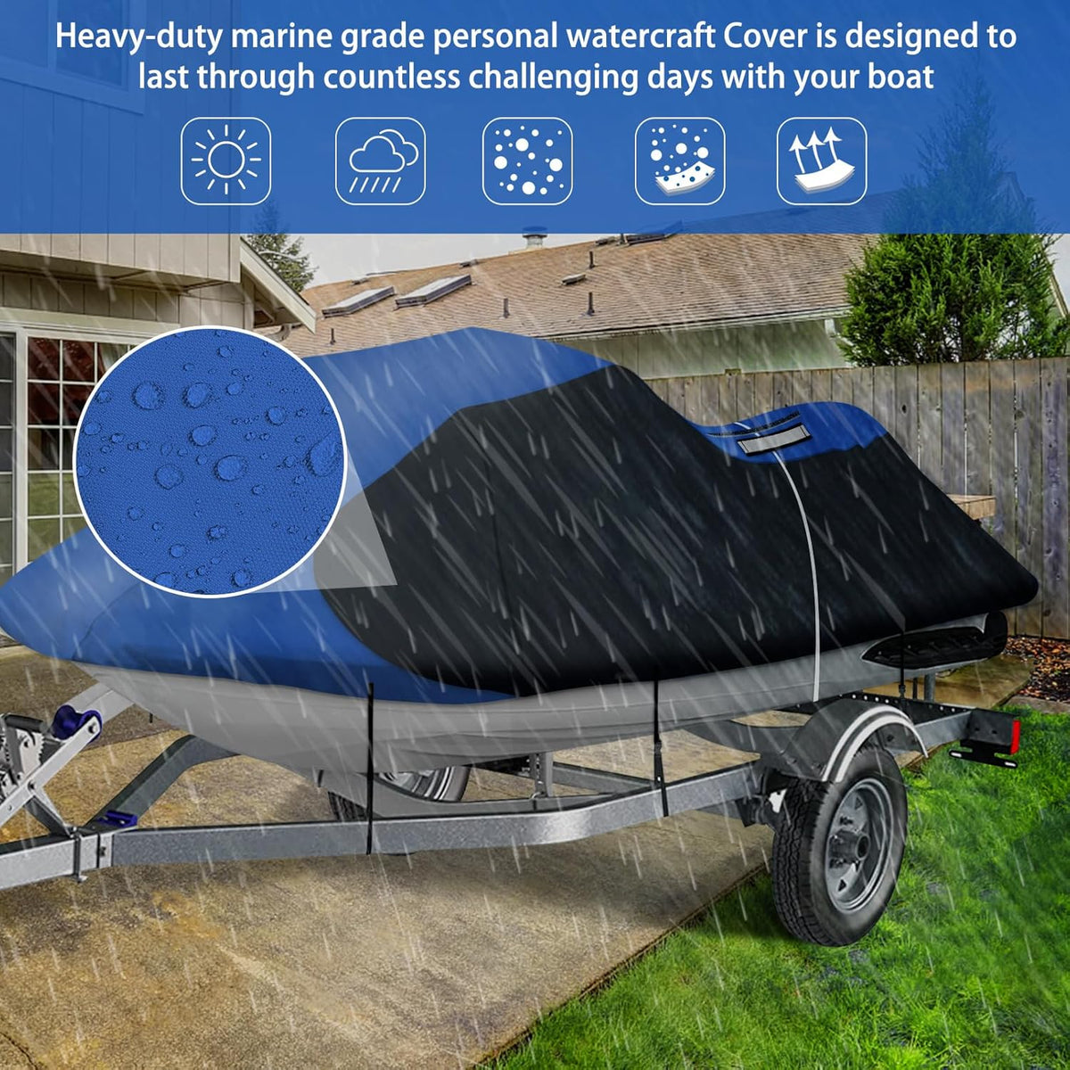 iCOVER Personal Watercraft Cover- Water Proof Heavy Duty Trailerable Jet Ski Covers for Seadoo Kawasaki Yamaha Wave Runner, Fits PWC Models Up to 125in Long