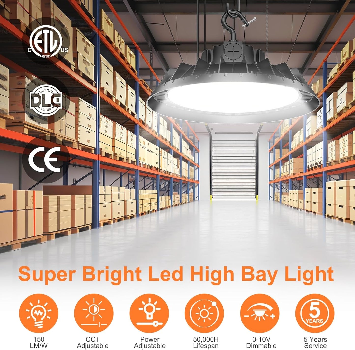 4Pack LED High Bay Lights, 150W UFO High Bay LED Shop Lights, 22500LM Adjustable CCT(5700K 5000K 4500K) & Power(150W 120W 80W), 0-10V Dimmable, 5' Cable Plug, IP65 Waterproof, ETL & DLC Listed