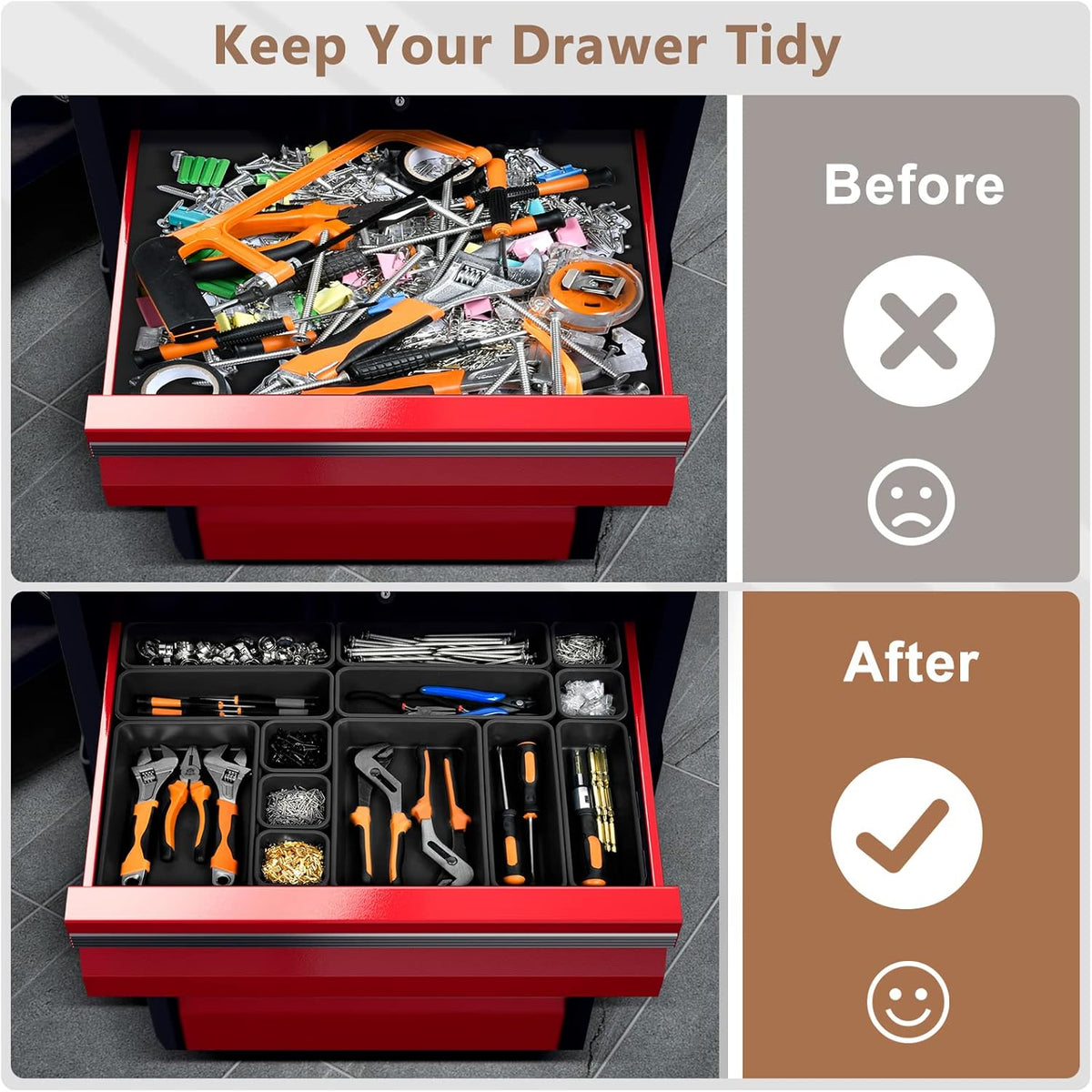 A-LUGEI【𝟰𝟲𝗣𝗖𝗦 & 5 Size】Tool Box Organizer Tray Divider Set, 【Black】 Desk Drawer Organizer, Garage Organization and Storage Toolbox Accessories Rolling Tool Chest Cart Cabinet WorkBench Small Part