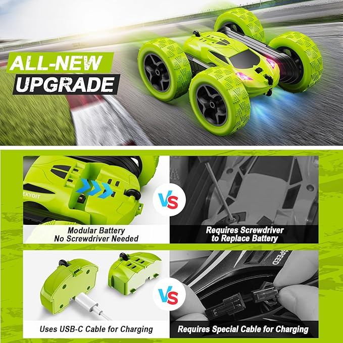 Remote Control Car for Kids Ages 6+, RC Cars Stunt Car Toy 4WD Double Sided 360° Rotating Remote Control with Headlights, Birthday Xmas Gifts for Boys 6 7 8 9 10 11 12 Green