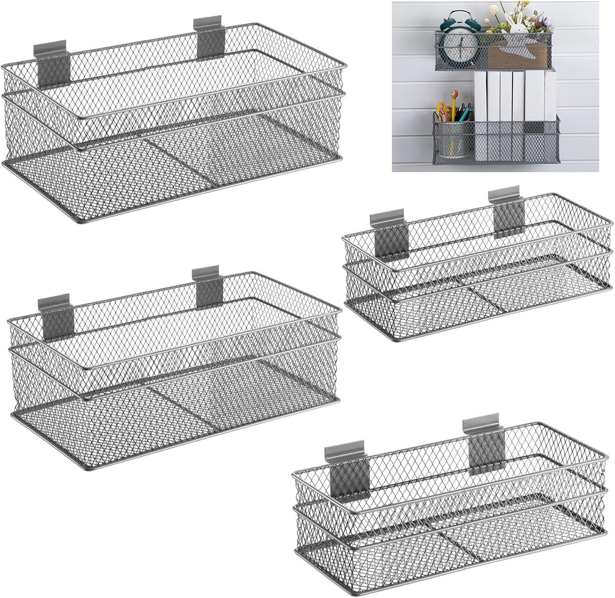 Barydat 4 Pcs Slatwall Basket Set Ventilated Metal Slatwall Basket Hanging Wire Bins Wall Mounted Accessories for Panel Garage Storage Display Organizing(Multi Size,Gray)