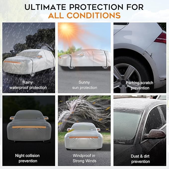 Waterproof SUV Car Cover: 6-Layer Protection from Rain, Snow, UV & Dust - Universal Fit up to 201 inches with Zipper Door & Windproof Straps for Outdoor, Garage, Travel Use, Silver