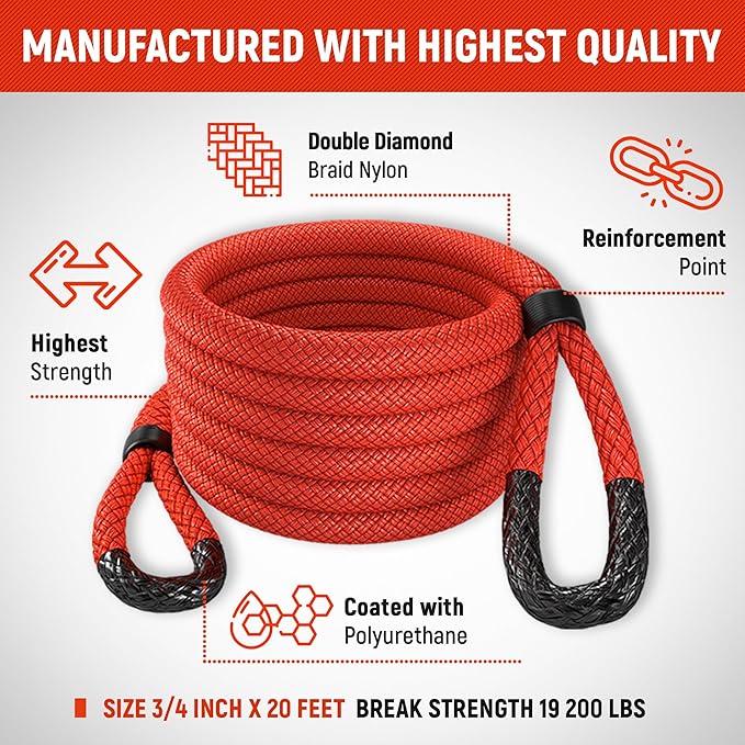MiolleGear Kinetic Recovery Rope kit (3/4" x20', 6400lbs WLL) Heavy Duty Tow Rope - Includes 2 Soft Shackle for UTV, ATV, Truck, Car, Jeep, Tractor