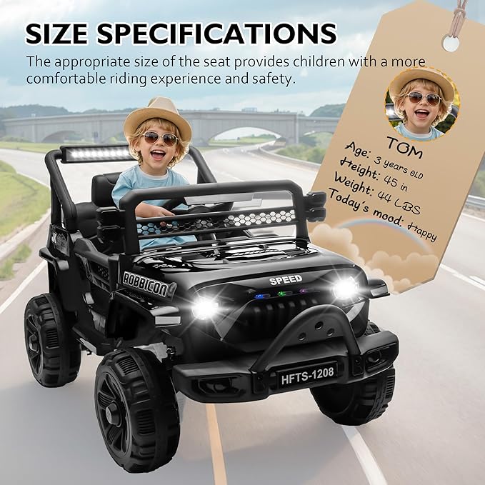 12V Ride on Electric Truck Car for Kids, 12V Kids Electric Vehicles w/Remote Control, Four-Wheel Suspension, USB, Bluetooth, Power Display, Lights, Battery Powered Ride on Toys for Boys Girls (Black)