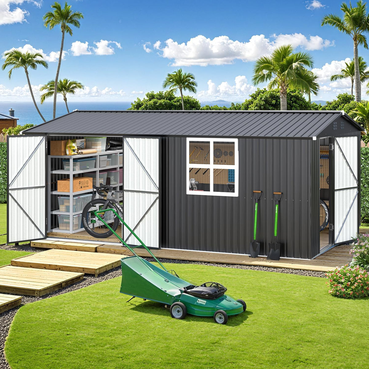 AECOJOY 16' x 12' Outdoor Storage Shed, Large Metal Sheds & Outdoor Storage Clearance 12x16 with Windows, Steel Backyard Shed, Utility Tool Storage for Garden, Patio, Outside use in Dark Grey