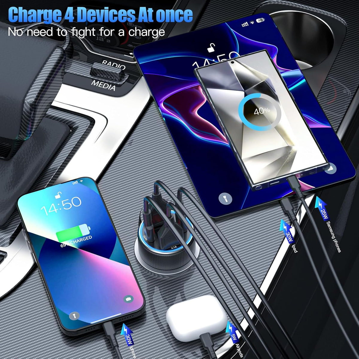 USB C Car Charger, 78W 4 Port Car Phone Charger Adapter Fast Charging, Dual USB C Car USB Adapter for iPhone 16 15 14 13 12, iPad, Samsung Glaxy, Android (Black 2Pcs)
