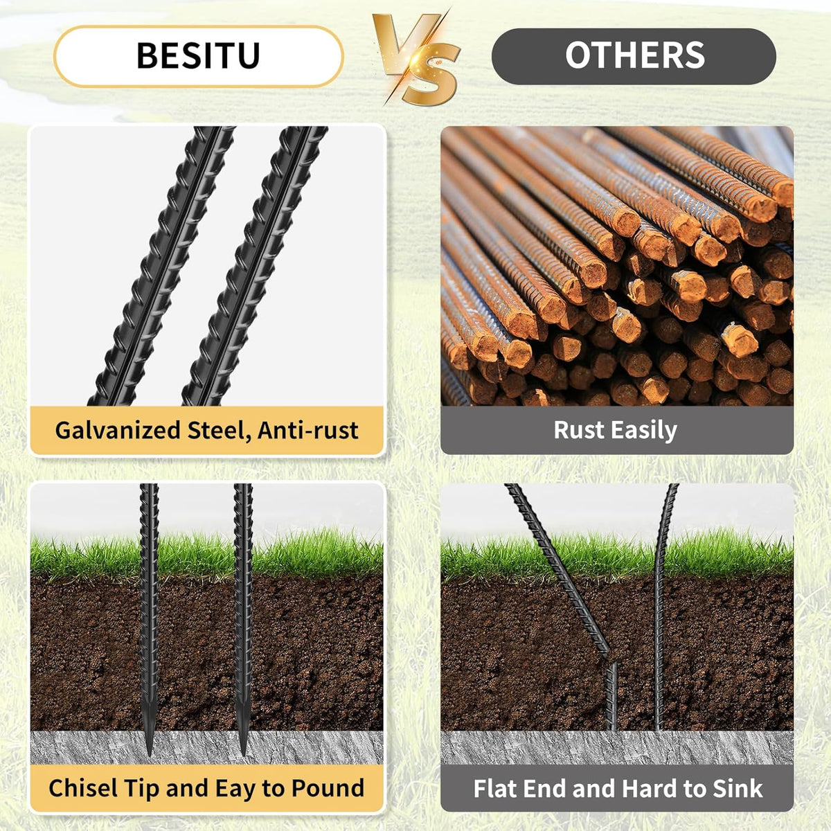 Rebar Stakes 48 inches 16-Pack Concrete Form Stakes Straight 3/8" Diameter Rebar Ground Metal Stakes for Landscaping, Securing Fence, Garden Plants Support, Survey Markers and Securing Trees