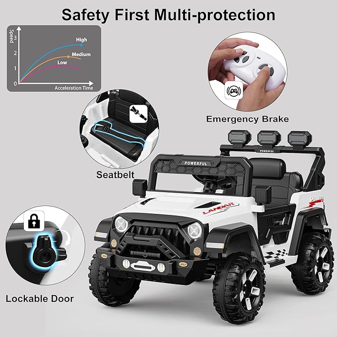12V Ride on Toys for Big Kids, Power Wheels with Remote Control, Ride on Truck Car with 4 Wheeler, Kids' Electric Vehicles, 3 Speeds, Soft Start, Battery Display, Music, LED Lights, Bluetooth, Black