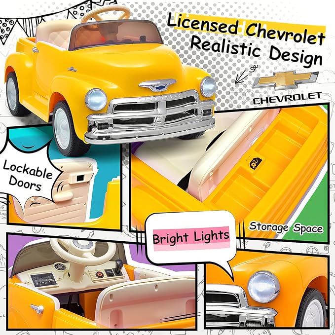 Joywhale 12V Kids Ride on Car Licensed Chevrolet 3100 Pickup Battery Powered Motorized Electric Car with 7AH Big Battery 2.4G Remote Control 3-Speeds Storage Space Music Retro Style, Yellow