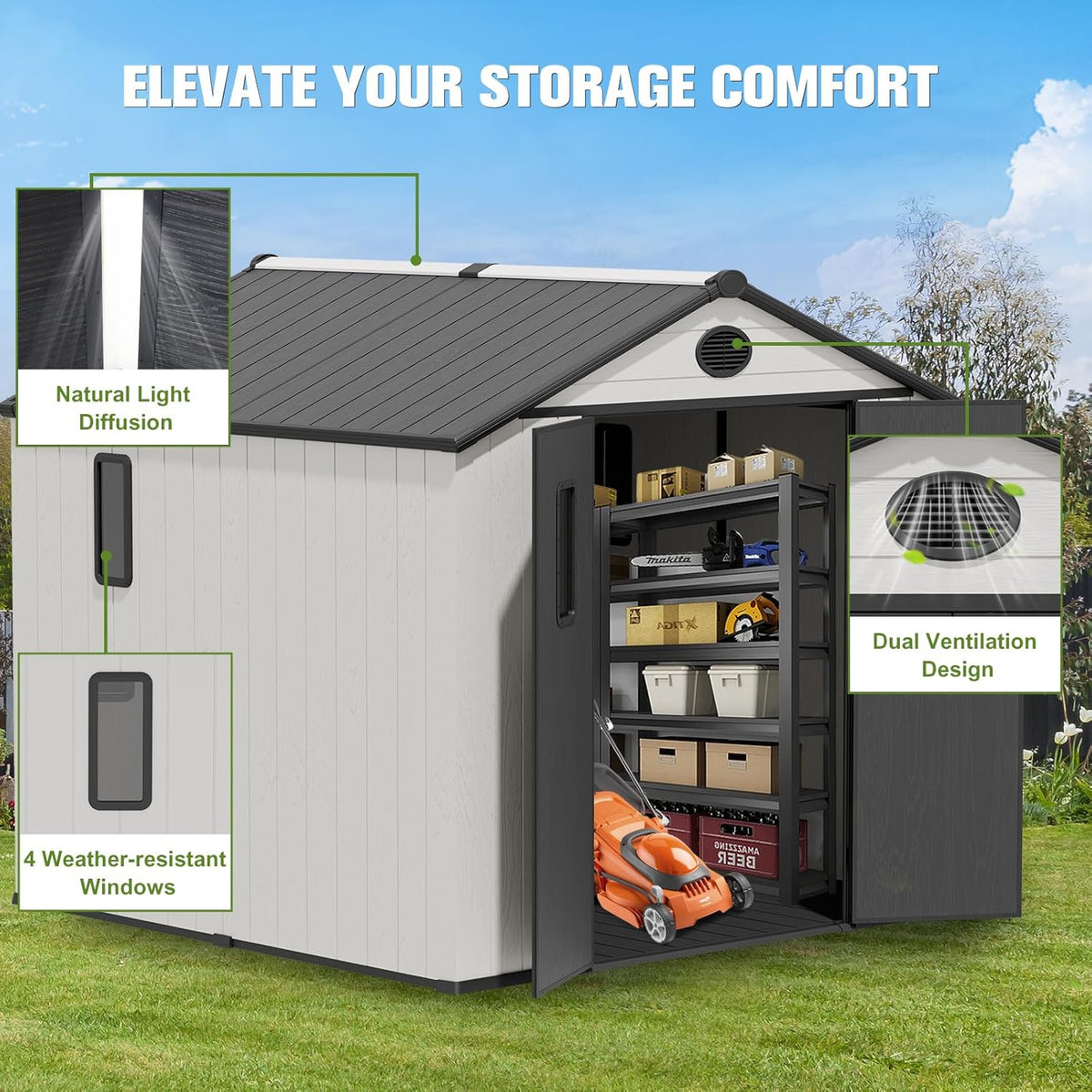 COOS BAY Resin Outdoor Storage Shed with Lockable Double Doors, Heavy-Duty Floor, All-Weather Garden Shed for Tools & Equipment, 8x8 ft, White/Gray
