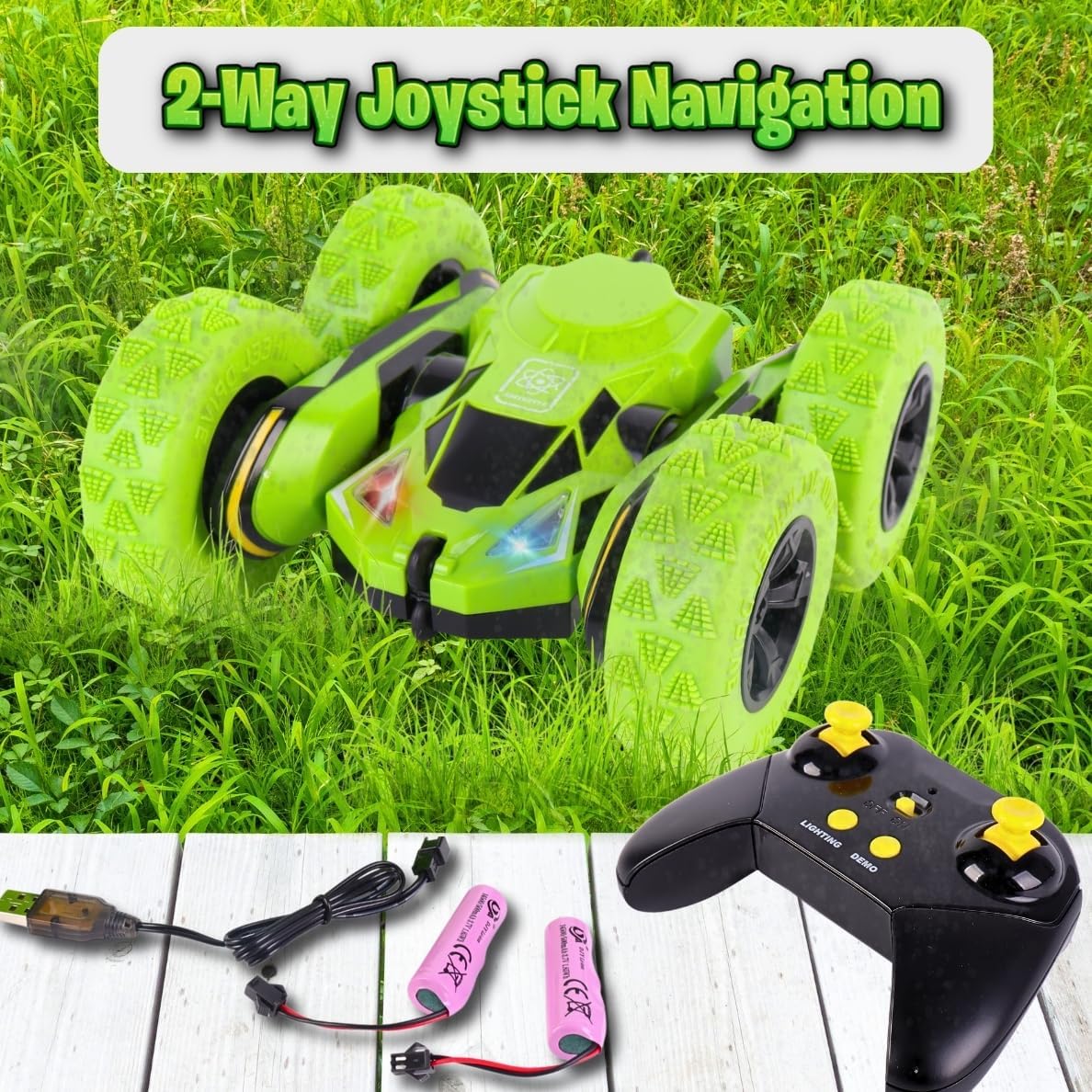 RC Stunt Car, Remote Control Double-Sided Driving 360° Flips & Rotations, Rechargeable Lithium Batteries, Color-Changing Lights, for Kids Ages 6-12, Green