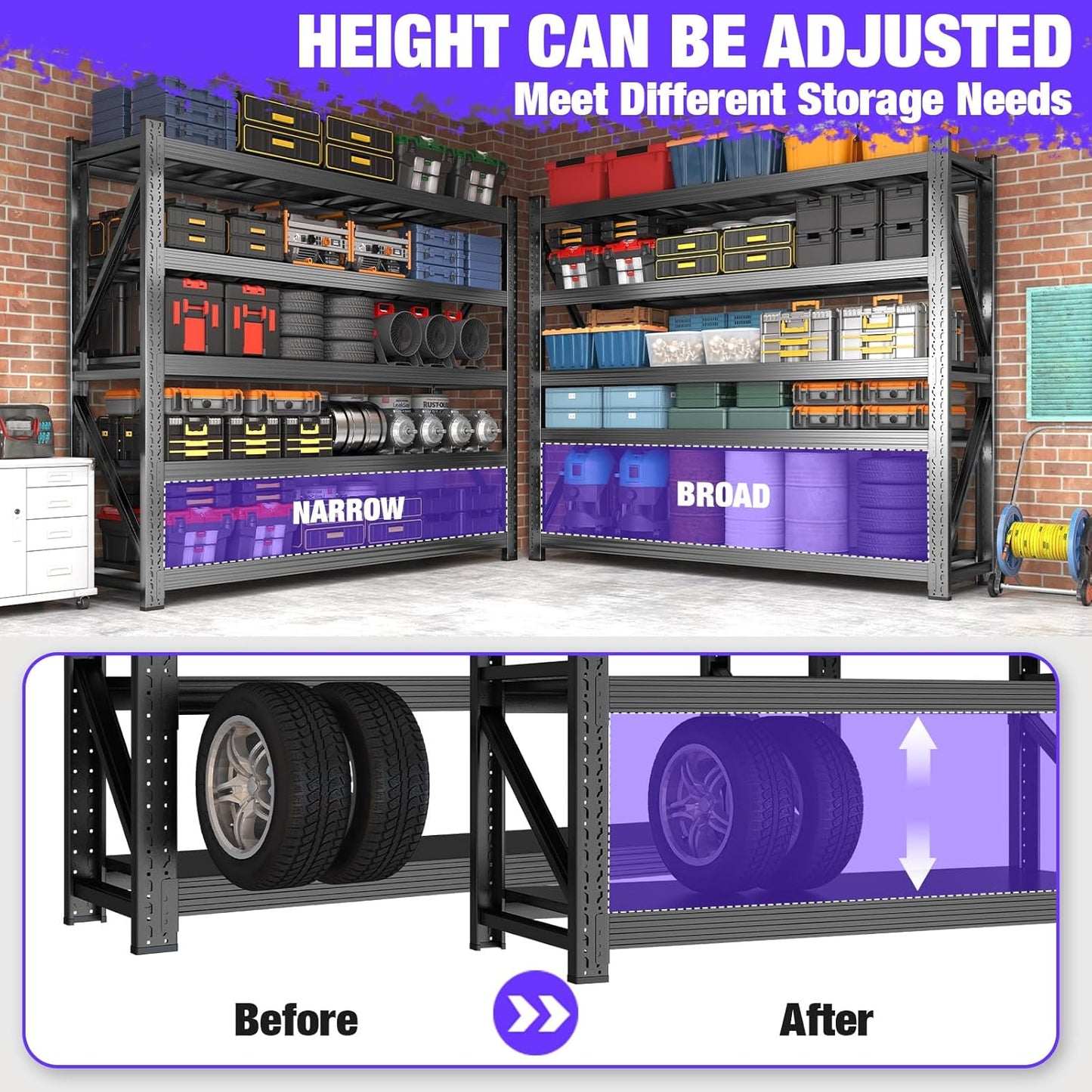 8000LBS Garage Shelving Heavy Duty, 5-Tier 71" H Storage Garage Shelves, Industrial Adjustable Metal Shelving Units for Garages, Warehouses, Kitchen, Black, 63" W x 24" D x 71" H