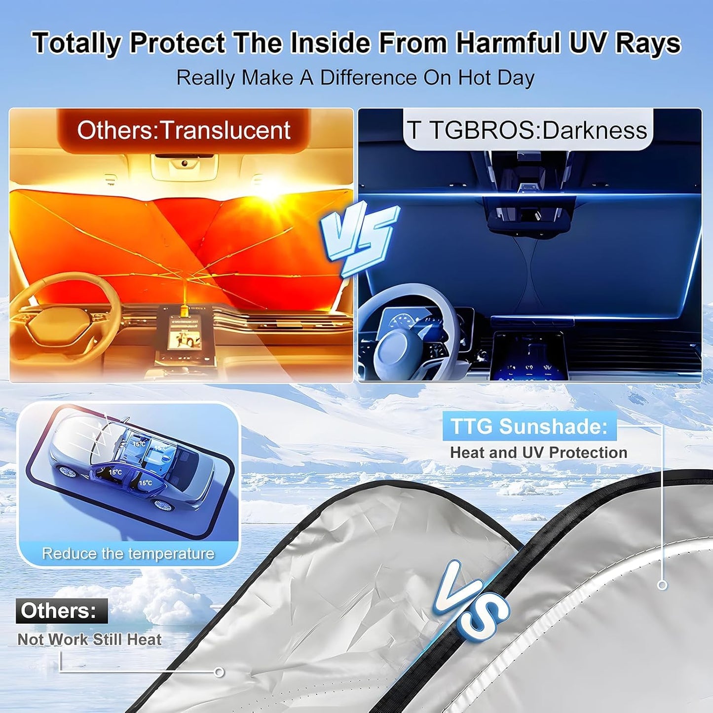 T TGBROS Windshield Sun Shade for Jeep Grand Wagoneer 2022-2024 2025 Accessories Foldable Sun Shield Reflective Polyester Window Shade Sun Visor Cover Block Heat and Sun Protection