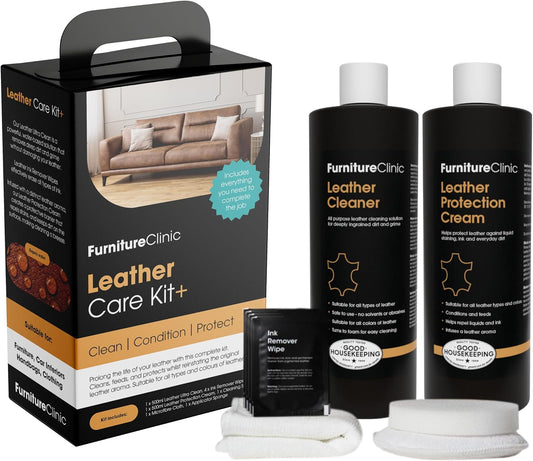 Furniture Clinic Large Leather Care Kit | Leather Cleaner + Conditioning Protection Cream for Furniture | Two 17oz Bottles + 1 Sponge & 1 Cloth | Restore Leather Couches, Car Seats, Jackets, & Boots