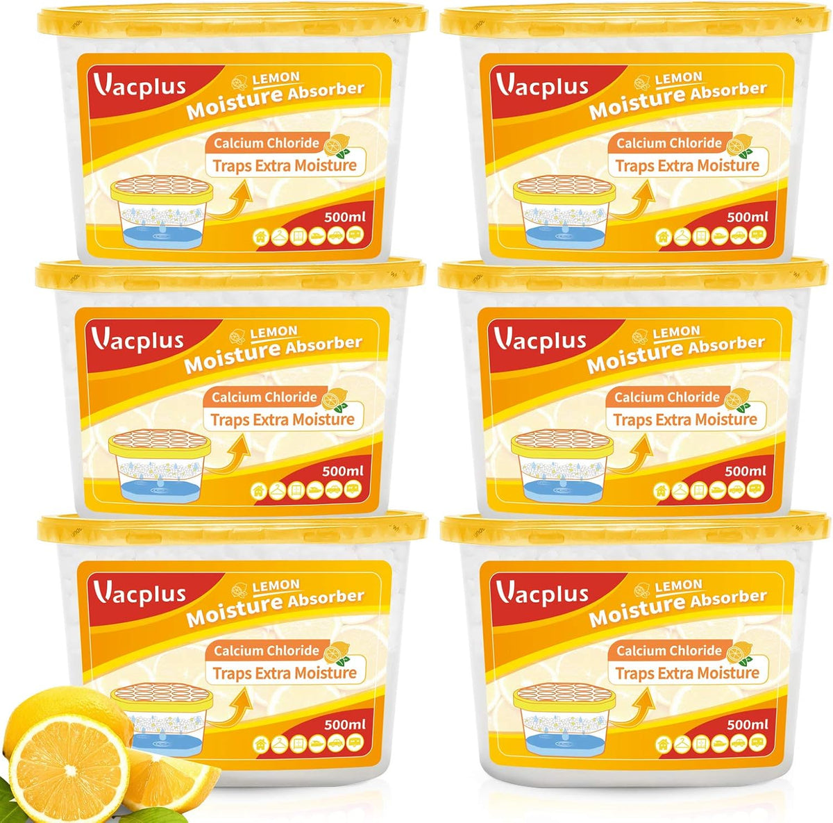 Vacplus Moisture Absorbers 6 Pack, 10.5 Oz Portable Humidity Absorber Boxes for Your Bathroom, Closet & Car, Dehumidifier with Lemon Fragrance, Yellow