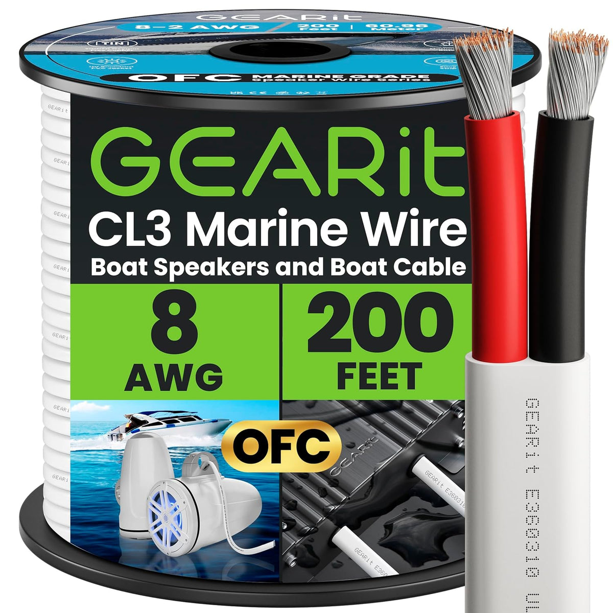 GEARit 8 Gauge Marine Wire, 8/2 AWG (200ft) Marine Grade Tinned Copper Oxygen Free, Duplex 2-Conductor Insulated Red & Black Electrical Cable for Boat, Automotive, RV, Camper, Trailer