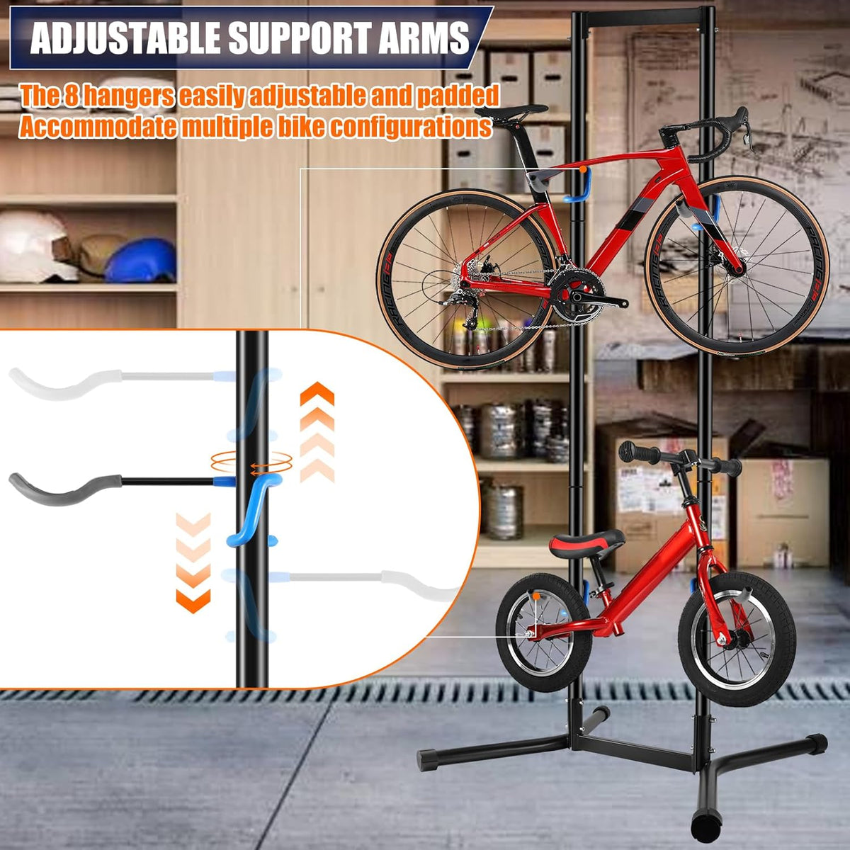 Stand Bike Storage Rack Garage Max 240lbs, Freestanding Gravity Indoor Bike Rack Holds 4 Bikes with Adjustable Arms, Vertical Bike Stand Space Saving for MTB, Road Bike